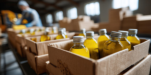 Neatly organized olive oil bottles in cardboard boxes on production line