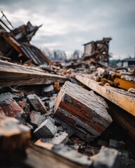 Close up of Brick and Wood Debris from Demolished Building after Disaster with Cloudy Sky in Background