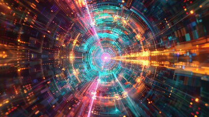 Fototapeta premium Abstract of science fiction in kaleidoscope style scenery express high tech future. Futuristic electric with neon light form particle create mysterious scene and wonderful technology effect. AIG53.