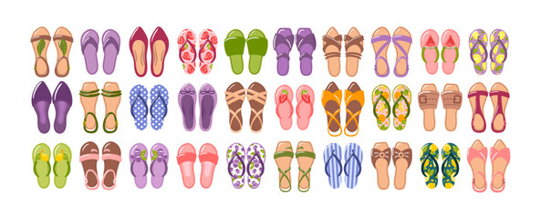 vibrant collection of summer footwear featuring stylish sandals, trendy mules, elegant ballet flats, and fun flip-flops. Each piece showcases bright colors and playful designs, perfect for sunny days