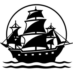 Silhouette of a pirate ship on the horizon under a full moon 