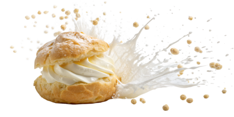 Cream Puff Dessert: A delicate cream puff pastry, filled with luscious cream, is the focal point of a captivating food photo. The shot captures the essence of indulgence and treat.