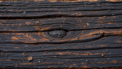 The wood appears scorched, with areas of deep char contrasting against lighter, untouched regions. The texture is rough and uneven, displaying the transformative effects of heat.