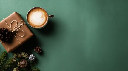 Fototapeta premium Cozy holiday vibe featuring gift, latte, and festive decor. Ideal for winter and Christmas marketing. Enhance projects with this inviting seasonal scene. Perfect for creating warm ambiance.