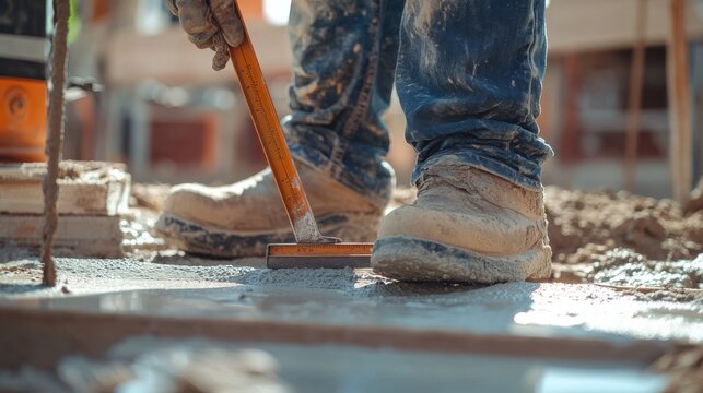 Construction worker using a level to ensure the foundation is even. Featuring focus and precision