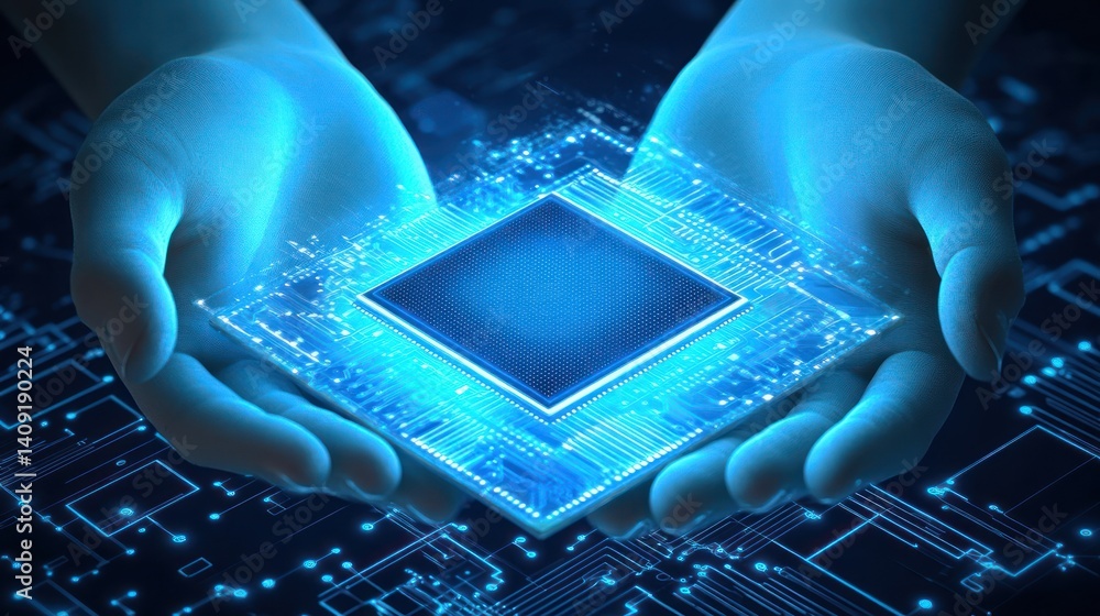 Poster illuminating the future of technology: a hand presenting a quantum computing processor