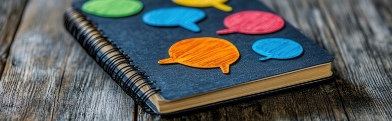 Notebook with speech bubbles floating around it, debating its own content 