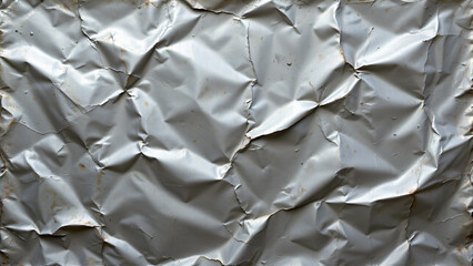 Warped and dented metal sheet, with noticeable distortions in its original form. The surface exhibits irregular curves, creases, and depressions, creating a dynamic interplay of light and shadow.