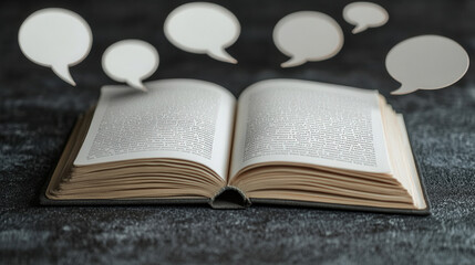 Notebook with speech bubbles floating around it, debating its own content 