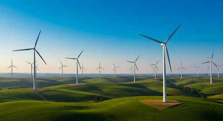 Wind Turbines on Rolling Green Hills Under Blue Sky Renewable Energy