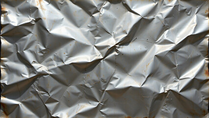 Warped and dented metal sheet, with noticeable distortions in its original form. The surface exhibits irregular curves, creases, and depressions, creating a dynamic interplay of light and shadow.