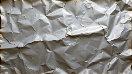 Warped and dented metal sheet, with noticeable distortions in its original form. The surface exhibits irregular curves, creases, and depressions, creating a dynamic interplay of light and shadow.