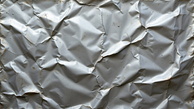 Warped and dented metal sheet, with noticeable distortions in its original form. The surface exhibits irregular curves, creases, and depressions, creating a dynamic interplay of light and shadow.