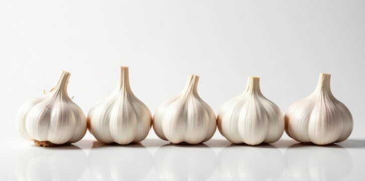 Fresh garlic bulbs in a row on a white surface , garlic, food