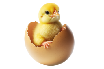 Adorable cute yellow chick emerging from cracked brown eggshell isolated on white transparent background. Symbolizing Easter, spring, and new beginnings