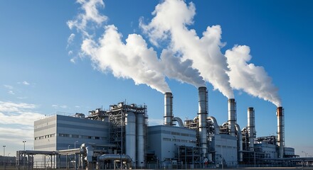 Power Plant Emissions Smoke From Stacks Against Blue Sky Environment