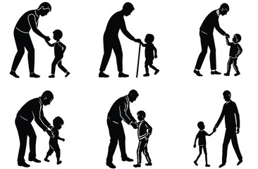 Naklejka premium Black vector silhouettes of people illustrate a collection featuring sport action, dance, and family designs