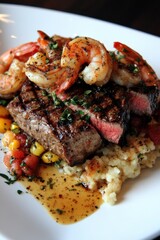 Exquisite Surf and Turf Delight Grilled Steak Topped with Succulent Shrimp on Creamy Grits Close Up Food Photography