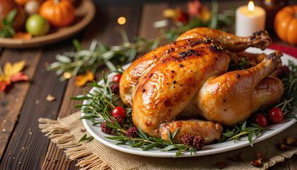 Roasted Thanksgiving Turkey on Festive Table Setting for Holiday Blogs, Culinary Websites, Family Gatherings, Event Planning, and Seasonal Recipes