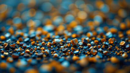 Blurred and indistinct mix of pitch, cerulean, and honey colored particles, offering a hazy, banner like feel.