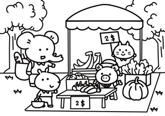 Little animals shopping at the market.