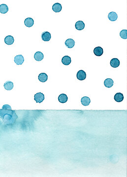 Watercolor background with blue polka dots and copy space