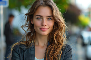 Fototapeta premium Portrait of a beautiful young woman smiling and looking at camera. Woman portrait