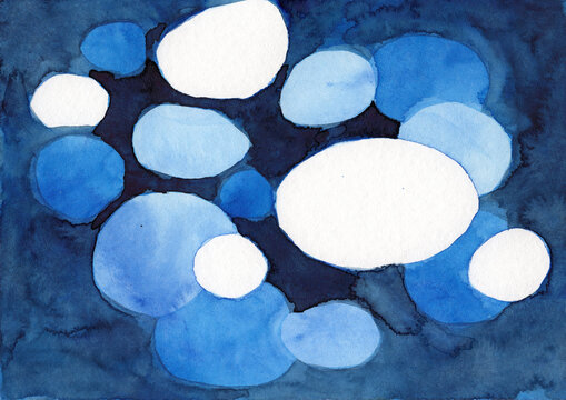 Abstract watercolor painting with blue speech bubbles and copy space