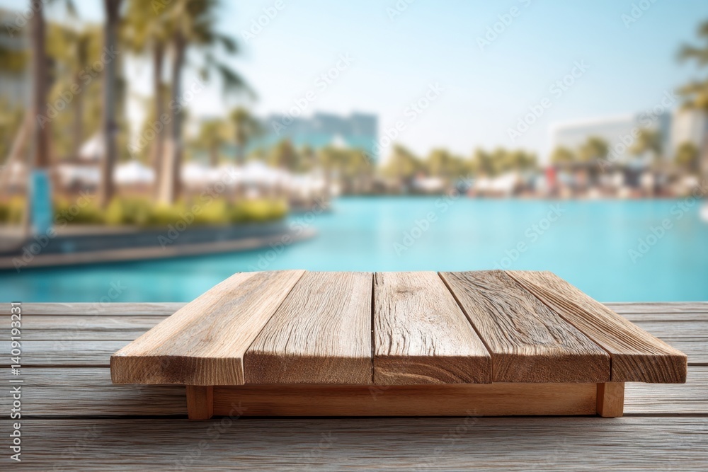 Poster rustic wooden tabletop overlooking a serene tropical pool with palm trees and distant buildings in a