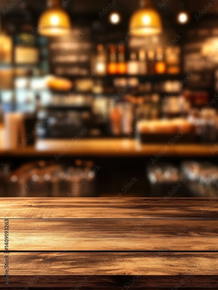Aufkleber rustic wooden table surface with blurred cafe background warm lighting and inviting atmosphere perfe