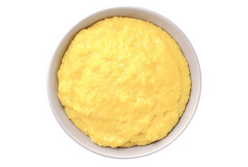 Cooked cornmeal polenta with butter in white ceramic bowl isolated on white.