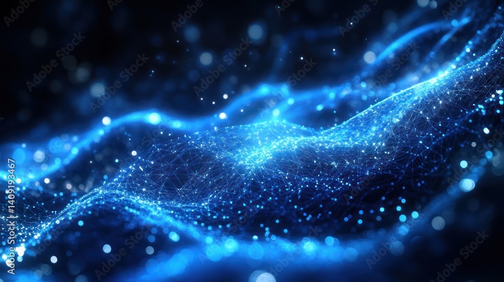 Poster dynamic flow of interconnected blue nodes and lines on a dark background