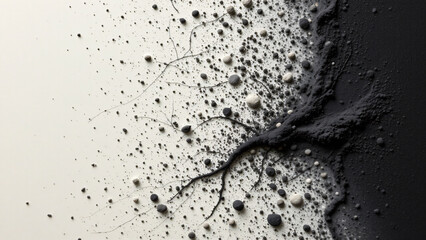 A charcoal like appearance defines the texture, with a powdery residue clinging to the surface. Under magnification, individual fibers are visible, coated in a thick layer of dark matter