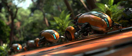 Orange futuristic vehicles in a lush forest