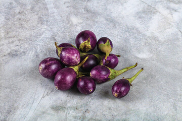 Small organic young purple round eggplant