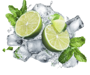 Refreshing lime and mint leaves with splashing water and ice, feeling cool and invigorating