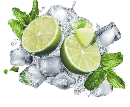 Refreshing lime and mint leaves with splashing water and ice, feeling cool and invigorating