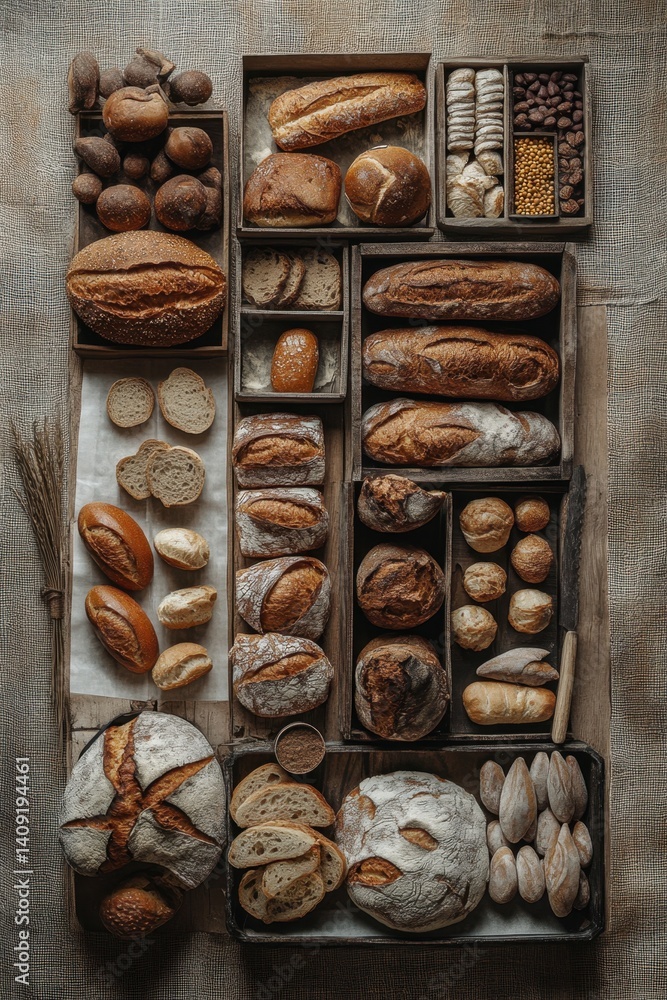 Poster rustic bakery still life with assorted breads in wooden trays on burlap background overhead view cap