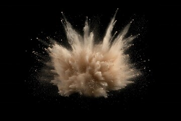 Beige powder explosion against black backdrop creating dynamic abstract art for cosmetic advertising and creative designs