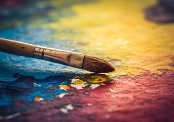 Fototapeta premium Painting with Artist Brush on Colorful Watercolor Palette for Creative Hobby