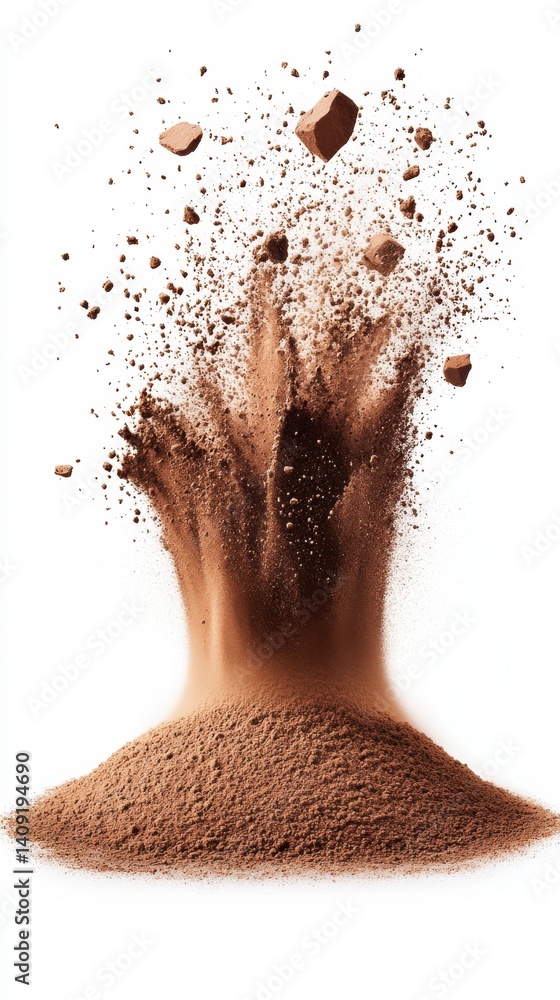 Poster dynamic explosion of rich brown powder against a pristine white backdrop creating a captivating visu