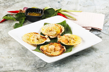Griiled scallops in shell with cheese