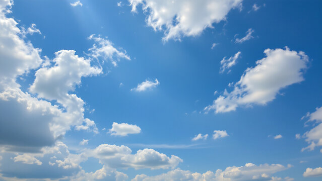 A bright, invigorating sky of sky blue, with scattered fractus clouds, appearing as torn or ragged fragments drifting across the expanse