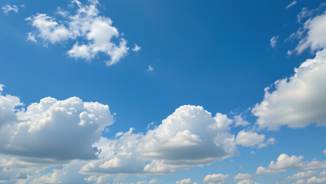 A bright, invigorating sky of sky blue, with scattered fractus clouds, appearing as torn or ragged fragments drifting across the expanse