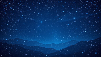 Fototapeta premium A velvety, deep blue backdrop mimicking a twilight sky, dusted with a scattering of fine, crystalline snowflakes. Subtle gradations of color suggest depth and distance.