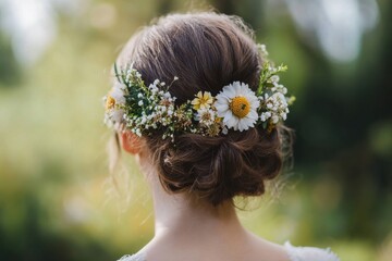 Naklejka premium Elegant floral hair crown with daisies and small white flowers, perfect for weddings or garden parties. Sophisticated and naturally beautiful style.