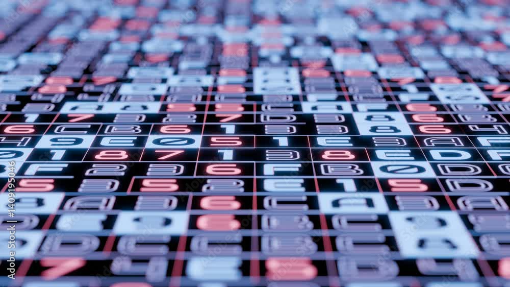 Poster Seamless loop. Glowing Digital Grid of Hexadecimal Characters and Numbers Representing Futuristic Data Processing, Cybersecurity, and Technological Systems Background