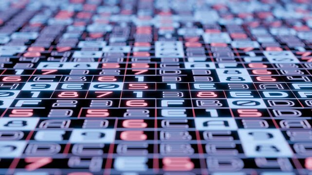 Seamless loop. Glowing Digital Grid of Hexadecimal Characters and Numbers Representing Futuristic Data Processing, Cybersecurity, and Technological Systems Background