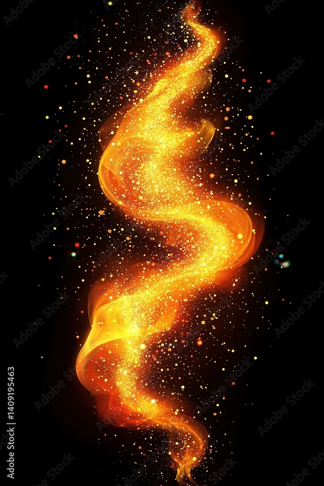 Poster abstract fire swirl with golden sparks on black background creating a dynamic and magical effect per