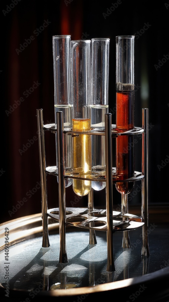 Aufkleber laboratory glassware set with colorful liquids on a metal stand against a dark background in a scien
